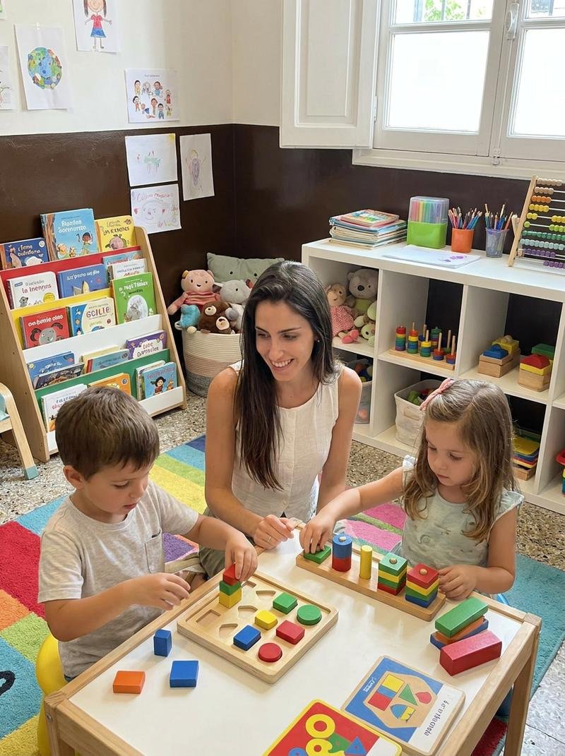 Lorena trabajando con dos niños y materiales en una sesión