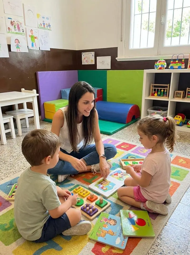 Lorena Varela Ferro acompañando a dos niños con materiales educativos en una sesión